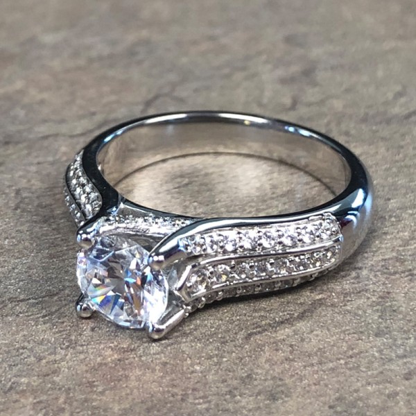14K White Gold Triple Row Diamond Accent Engagement Ring
